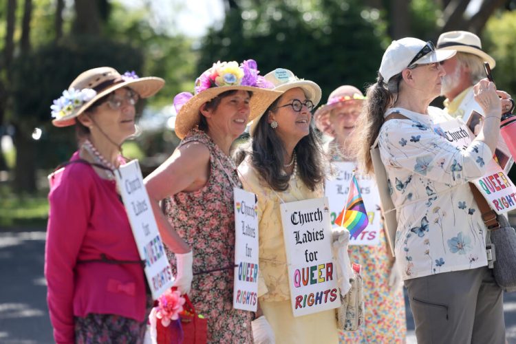 Members of the group “Church Ladies and Gents for Gay Rights” attend the Sonoma Valley Pride Festival at Sonoma Plaza in Sonoma Sunday, June 1, 2025. (Beth Schlanker / The Press Democrat)