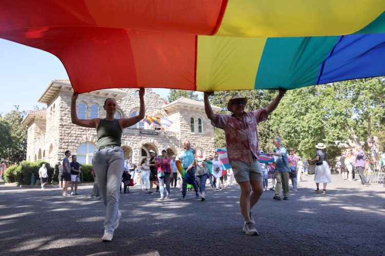 Festivalgoers carry a giant Pride flag during the Sonoma Valley Pride Festival at Sonoma Plaza in Sonoma Sunday, June 1, 2025. (Beth Schlanker / The Press Democrat)