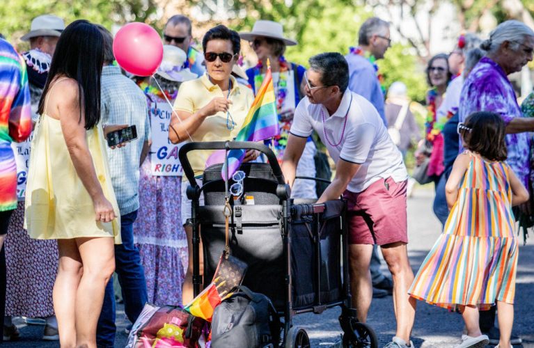 Around eighty people gathered at Sonoma Plaza on Thursday, May 30, to kickoff June as Pride Month, a time to recognize, support and celebrate the LGBTQ+ members in our community. Photo taken on Thursday, May 30, 2024.(Robbi Pengelly/Index-Tribune)